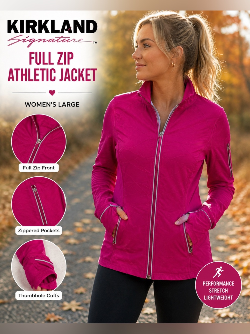 Kirkland Signature Women’s Large Hot Pink Full Zip Athletic Running Jacket
